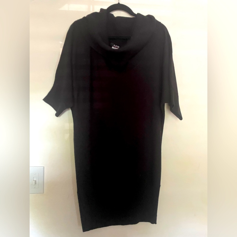 Black sweater dress with large cowl neck.